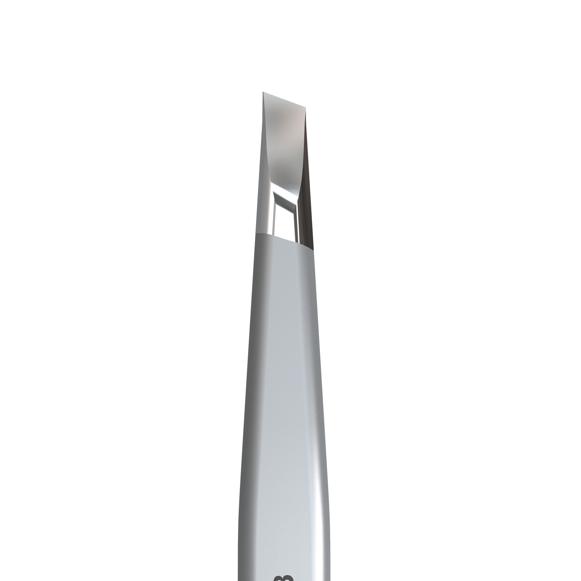 Close-up of STALEKS PRO Eyebrow Tweezers EXPERT 10 TYPE 3 (wide beveled) by Staleks, a silver, slant-tip stainless steel tool with reflective finish for precise eyebrow correction, shown against a black background.