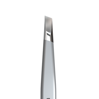 Close-up of STALEKS PRO Eyebrow Tweezers EXPERT 10 TYPE 3 (wide beveled) by Staleks, a silver, slant-tip stainless steel tool with reflective finish for precise eyebrow correction, shown against a black background.