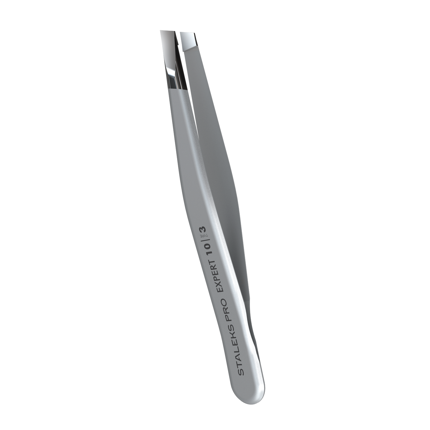 Staleks PRO Eyebrow Tweezers EXPERT 10 TYPE 3 (wide beveled), stainless steel with "STALEKS PRO EXPERT 10/13" engraved, designed for precise eyebrow correction, displayed against a black background.