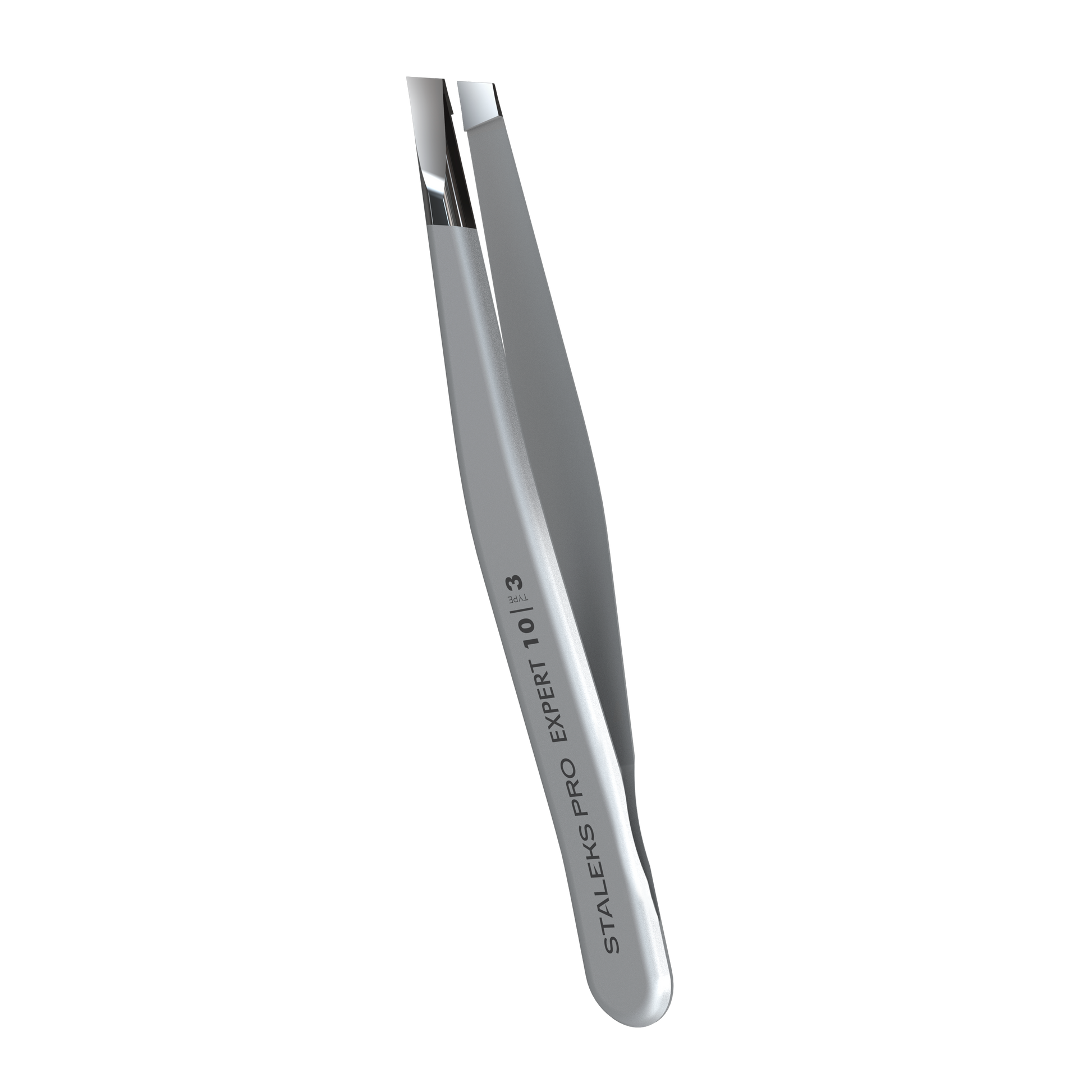 Staleks PRO Eyebrow Tweezers EXPERT 10 TYPE 3 (wide beveled), stainless steel with "STALEKS PRO EXPERT 10/13" engraved, designed for precise eyebrow correction, displayed against a black background.