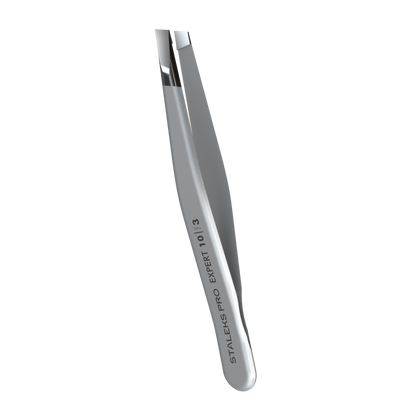 Staleks PRO Eyebrow Tweezers EXPERT 10 TYPE 3 (wide beveled), stainless steel with "STALEKS PRO EXPERT 10/13" engraved, designed for precise eyebrow correction, displayed against a black background.