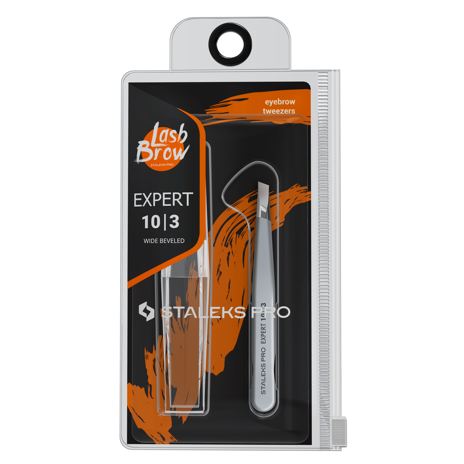 The STALEKS PRO Eyebrow Tweezers EXPERT 10 TYPE 3 (wide beveled) by Staleks are stainless steel tools for eyebrow correction, displayed in a clear case with orange and black accents that reveal the silver tweezers inside.