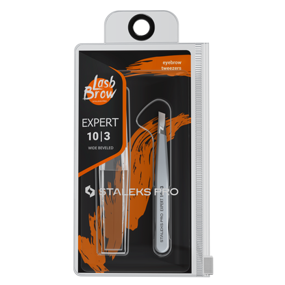 The STALEKS PRO Eyebrow Tweezers EXPERT 10 TYPE 3 (wide beveled) by Staleks are stainless steel tools for eyebrow correction, displayed in a clear case with orange and black accents that reveal the silver tweezers inside.