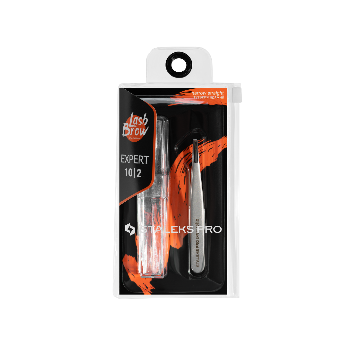 A retail pack of STALEKS PRO Eyebrow Tweezers EXPERT 10 TYPE 2 (narrow straight) by Staleks, made of stainless steel, with a transparent case featuring orange and black design and branding.