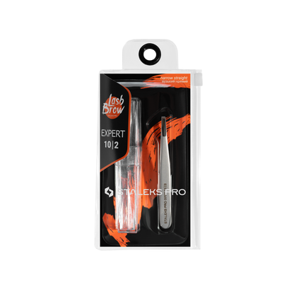 A retail pack of STALEKS PRO Eyebrow Tweezers EXPERT 10 TYPE 2 (narrow straight) by Staleks, made of stainless steel, with a transparent case featuring orange and black design and branding.