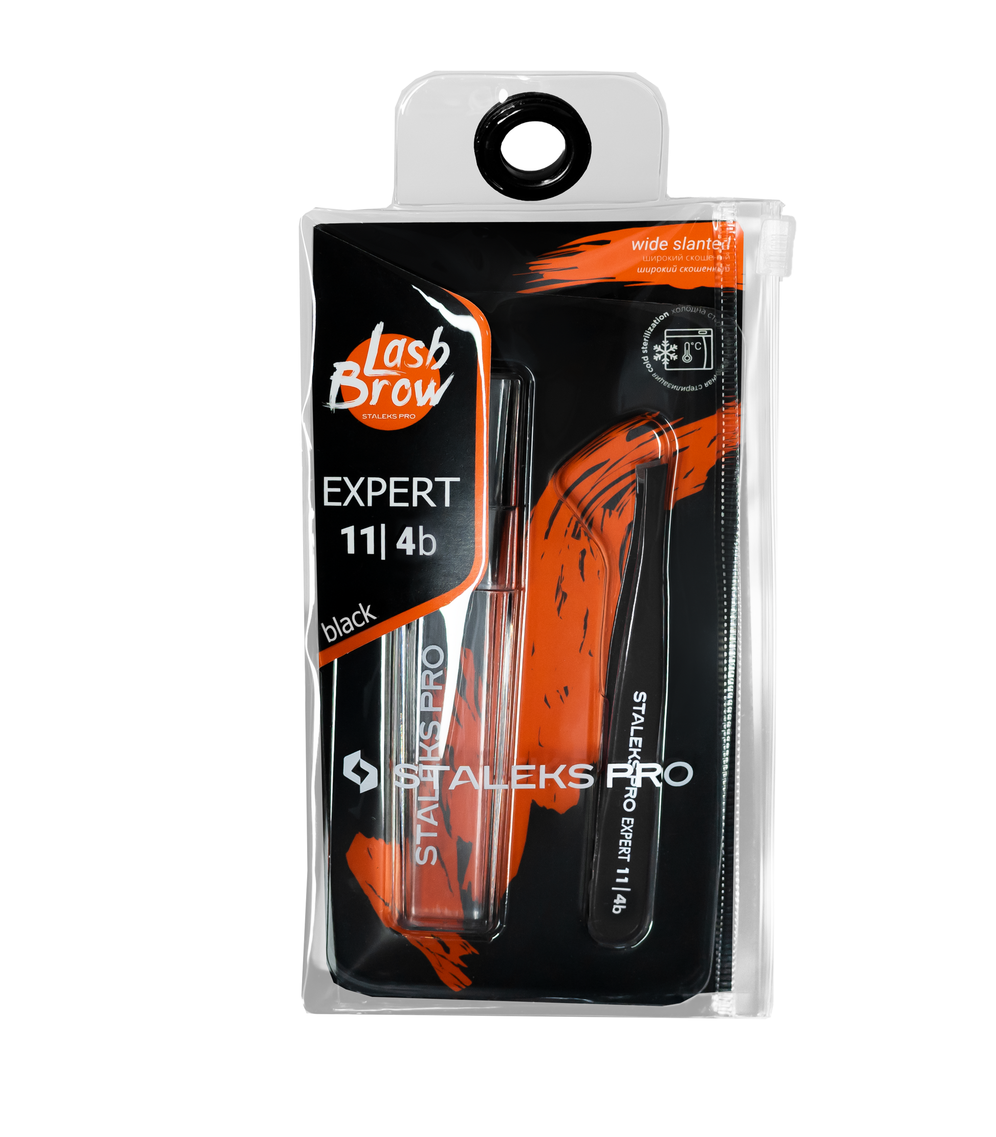 The STALEKS PRO Eyebrow Tweezers Black EXPERT 11 TYPE 4b (Narrow Beveled) by Staleks come in black packaging with orange accents and a transparent front that showcases the tweezers inside.