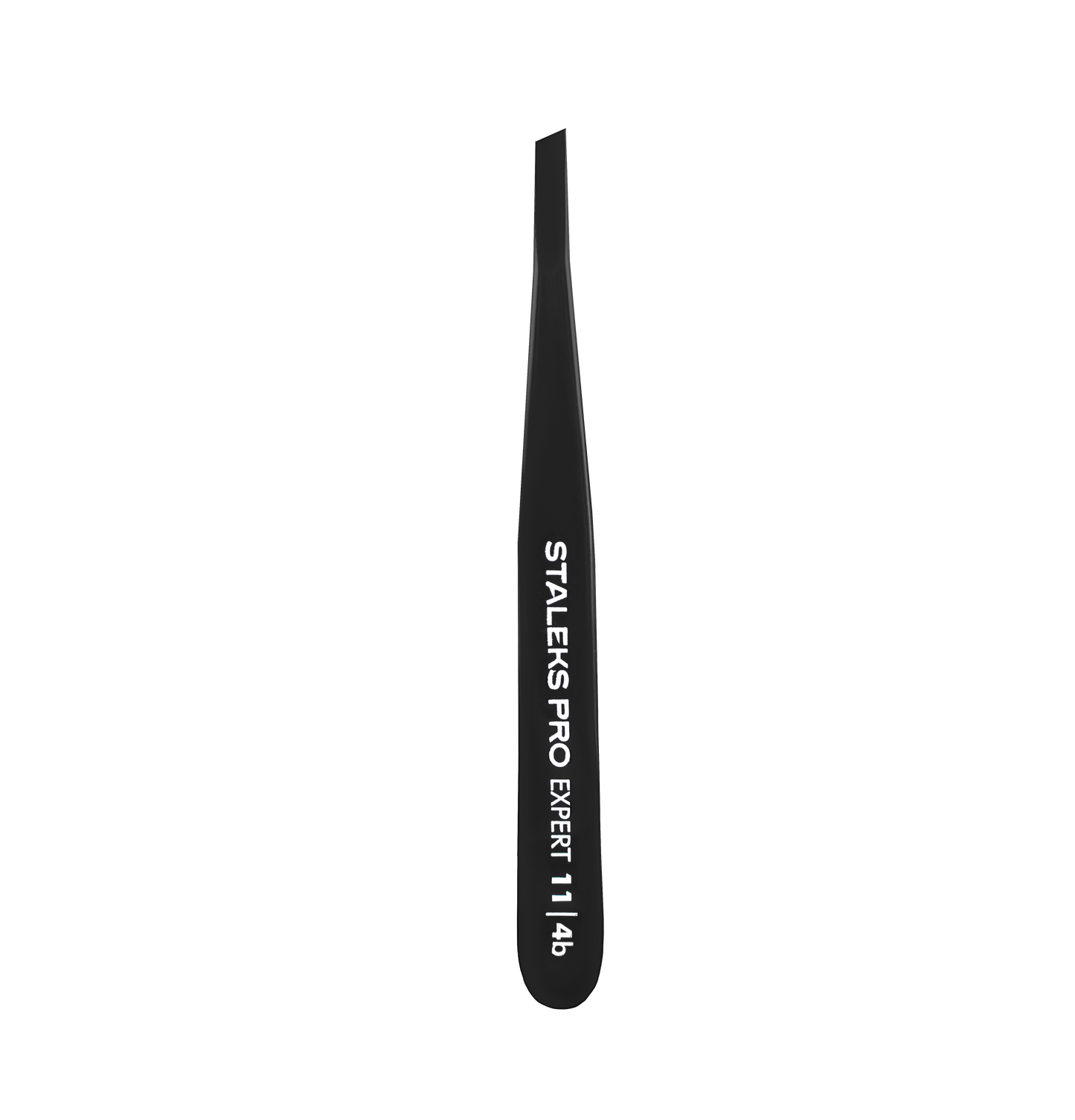 Staleks STALEKS PRO Eyebrow Tweezers Black EXPERT 11 TYPE 4b (Narrow Beveled) feature black stainless steel, a slanted tip for brow shaping, pro manual sharpening, and “STALEKS PRO EXPERT 11 4b” in white on the handle, shown on a plain black background.