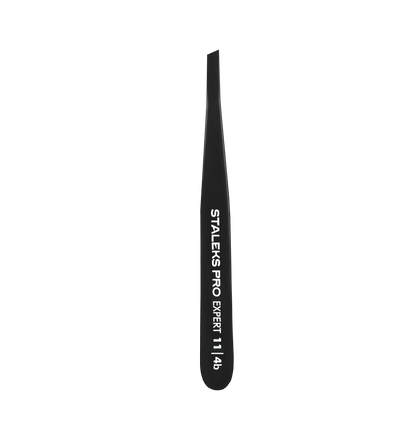 Staleks STALEKS PRO Eyebrow Tweezers Black EXPERT 11 TYPE 4b (Narrow Beveled) feature black stainless steel, a slanted tip for brow shaping, pro manual sharpening, and “STALEKS PRO EXPERT 11 4b” in white on the handle, shown on a plain black background.