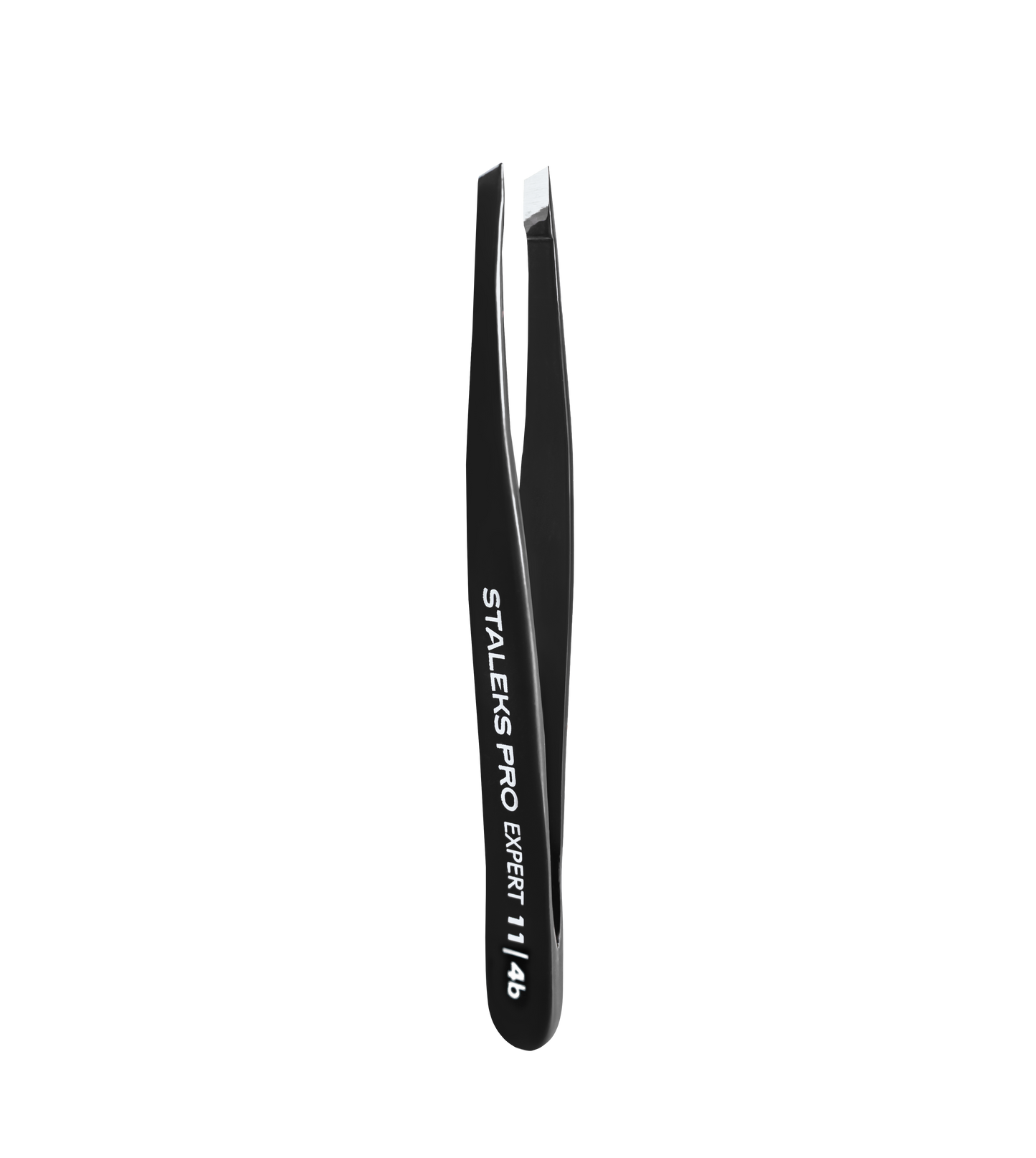 The STALEKS PRO Eyebrow Tweezers Black EXPERT 11 TYPE 4b (Narrow Beveled) from Staleks, featuring slant-tip stainless steel and precise design for eyebrow correction, are shown against a plain black background with branding in white.