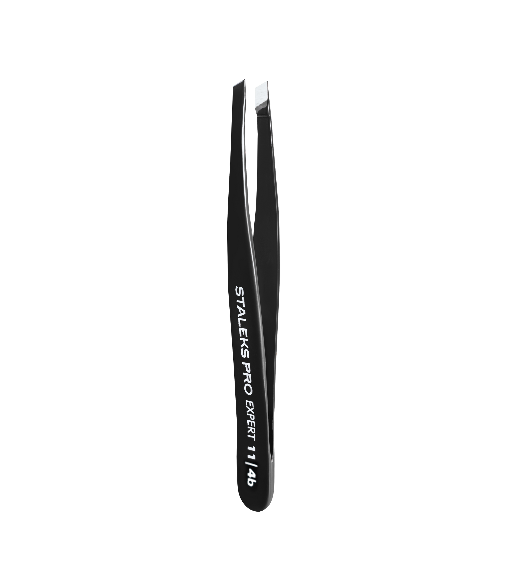 The STALEKS PRO Eyebrow Tweezers Black EXPERT 11 TYPE 4b (Narrow Beveled) from Staleks, featuring slant-tip stainless steel and precise design for eyebrow correction, are shown against a plain black background with branding in white.