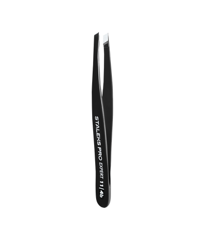 The STALEKS PRO Eyebrow Tweezers Black EXPERT 11 TYPE 4b (Narrow Beveled) from Staleks, featuring slant-tip stainless steel and precise design for eyebrow correction, are shown against a plain black background with branding in white.