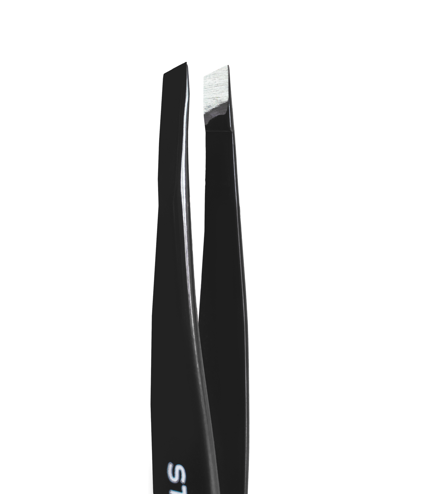 Close-up of Staleks PRO Eyebrow Tweezers Black EXPERT 11 TYPE 4b (Narrow Beveled) with a slanted stainless steel tip on a black background—tips slightly open and reflecting light, perfect for precise eyebrow shaping.