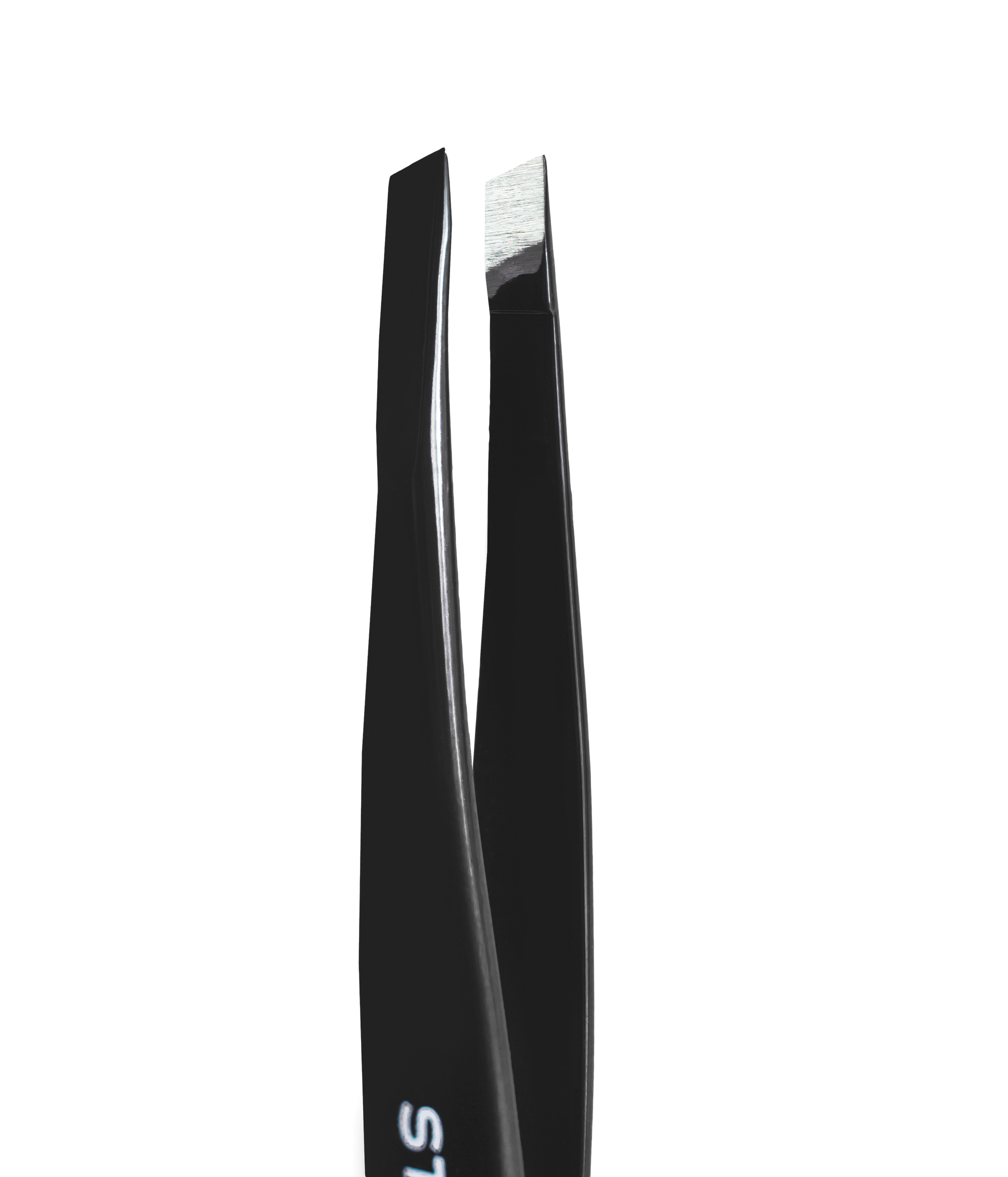 Close-up of Staleks PRO Eyebrow Tweezers Black EXPERT 11 TYPE 4b (Narrow Beveled) with a slanted stainless steel tip on a black background—tips slightly open and reflecting light, perfect for precise eyebrow shaping.