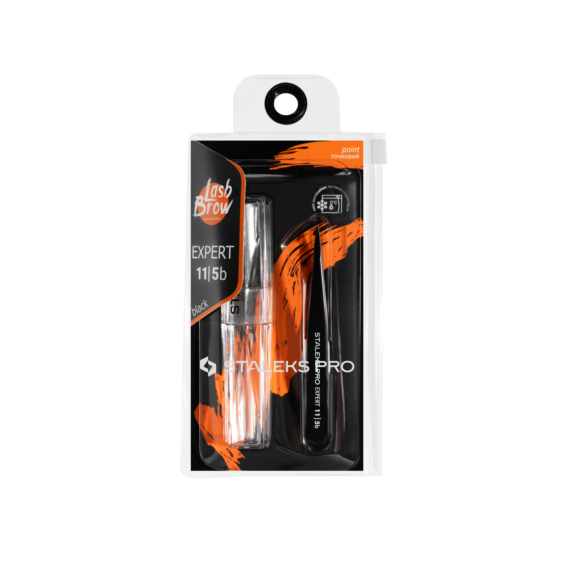 The STALEKS PRO Eyebrow Tweezers Black EXPERT 11 TYPE 5b (point) by Staleks feature black and orange branding, visible in clear upright packaging—perfect for precise eyebrow correction.