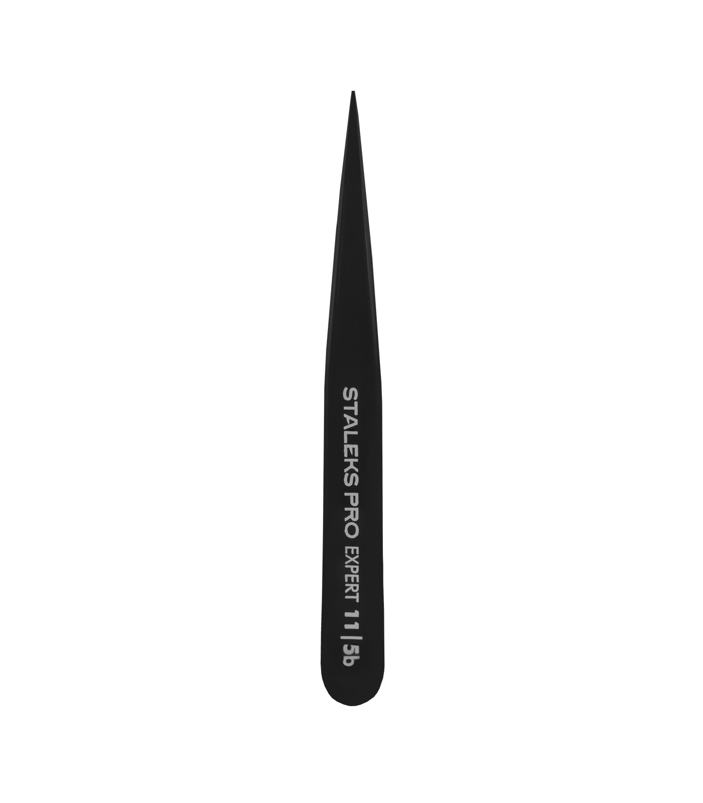 The Staleks STALEKS PRO Eyebrow Tweezers Black EXPERT 11 TYPE 5b (point), made of stainless steel, feature white branding on the handle and are perfect for precise ingrown hair removal or eyebrow shaping. Seen on a black background.