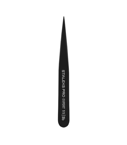 The Staleks STALEKS PRO Eyebrow Tweezers Black EXPERT 11 TYPE 5b (point), made of stainless steel, feature white branding on the handle and are perfect for precise ingrown hair removal or eyebrow shaping. Seen on a black background.