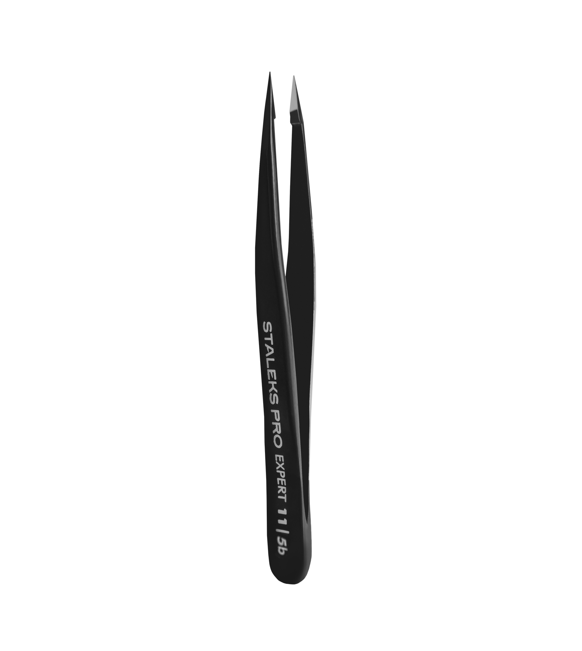 A pair of Staleks STALEKS PRO Eyebrow Tweezers Black EXPERT 11 TYPE 5b (point), featuring pointed tips and branded text, designed for precise eyebrow correction, shown against a black background.