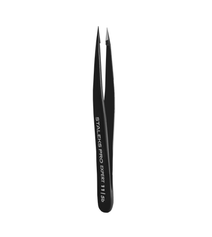 A pair of Staleks STALEKS PRO Eyebrow Tweezers Black EXPERT 11 TYPE 5b (point), featuring pointed tips and branded text, designed for precise eyebrow correction, shown against a black background.