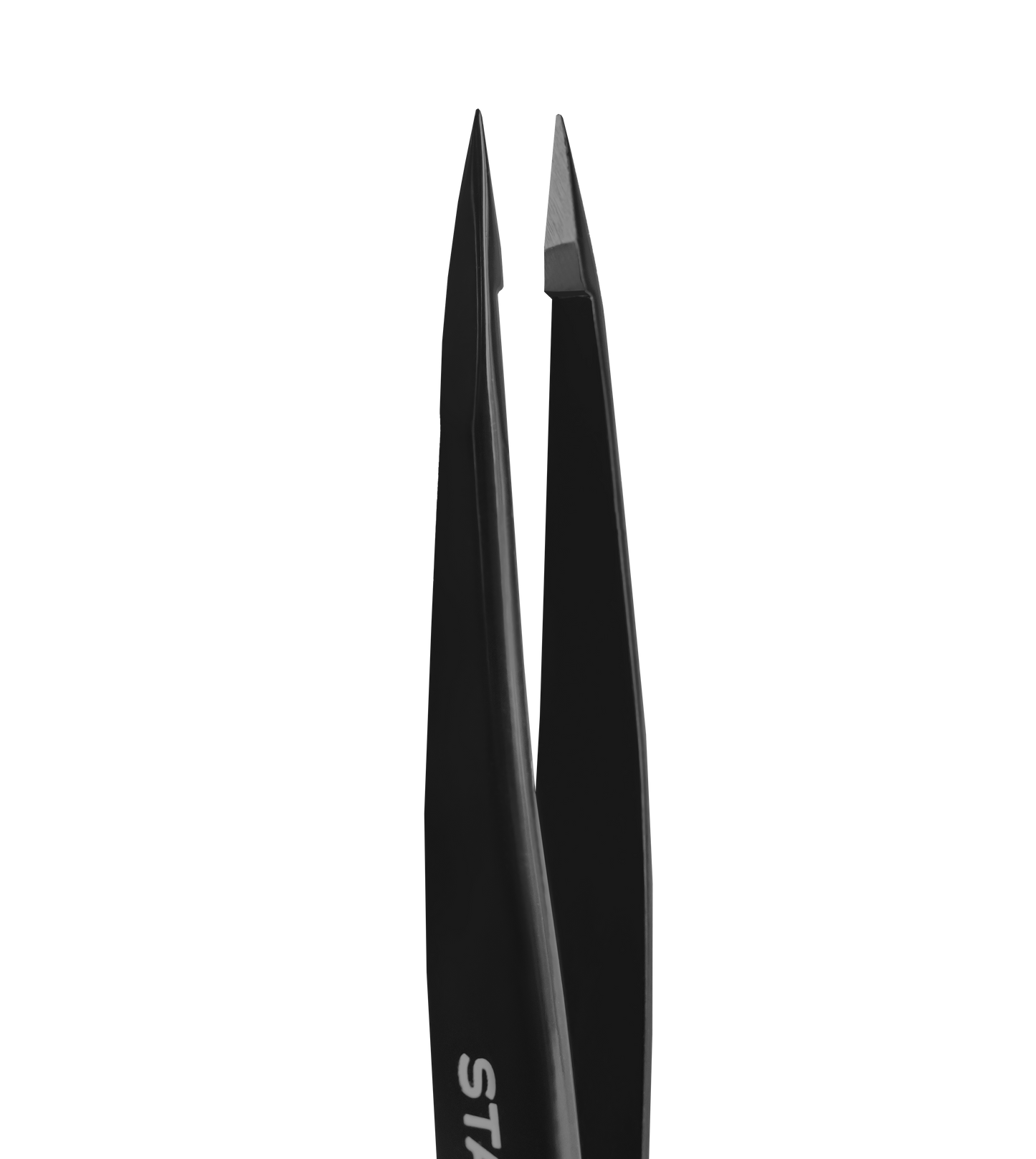 Close-up of the tips of Staleks PRO Eyebrow Tweezers Black EXPERT 11 TYPE 5b (point) on a solid black background, ideal for precise ingrown hair removal.