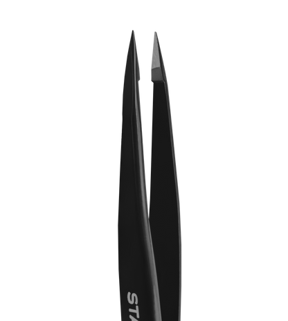 Close-up of the tips of Staleks PRO Eyebrow Tweezers Black EXPERT 11 TYPE 5b (point) on a solid black background, ideal for precise ingrown hair removal.
