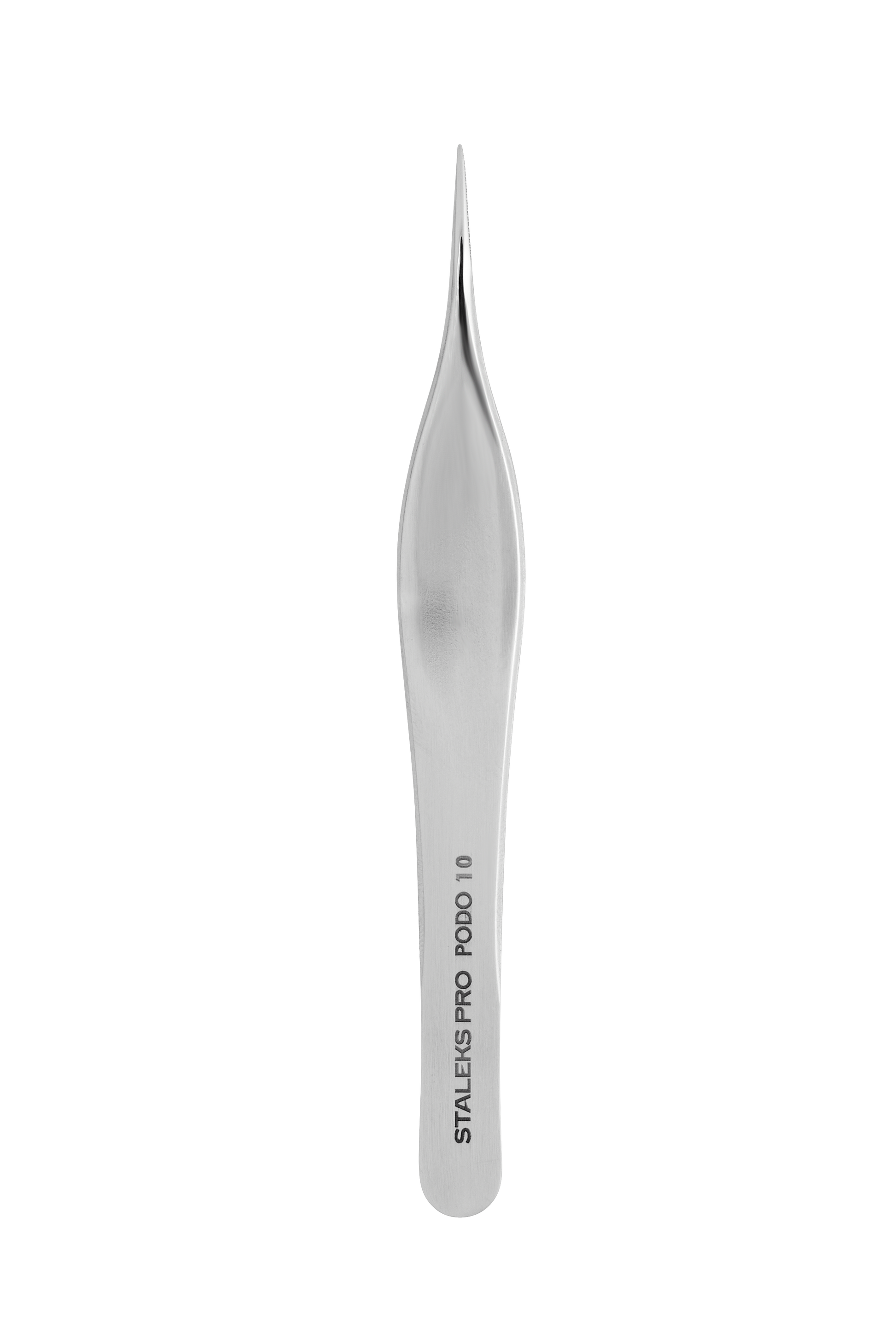 The STALEKS PRO Podology Splinter Tweezers PODO 10 by Staleks, made of rust-resistant stainless steel with a pointed tip and broad handle for ingrown nail care, are shown against a black background.