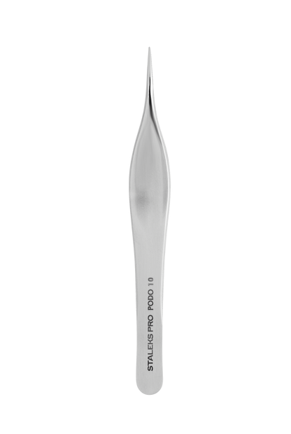 The STALEKS PRO Podology Splinter Tweezers PODO 10 by Staleks, made of rust-resistant stainless steel with a pointed tip and broad handle for ingrown nail care, are shown against a black background.