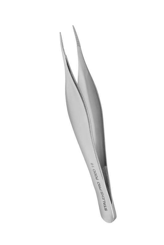 A rust-resistant stainless steel STALEKS PRO Podology Splinter Tweezer PODO 10 by Staleks, featuring a curved tip, is shown against a plain white background.