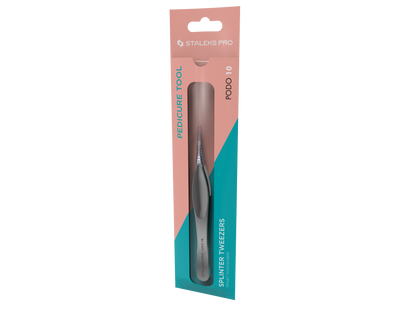 The Staleks STALEKS PRO Podology Splinter Tweezers PODO 10, made of rust-resistant stainless steel and ideal for ingrown nail care, is shown in pink and teal packaging with a clear window labeled "Pedicure Tool.