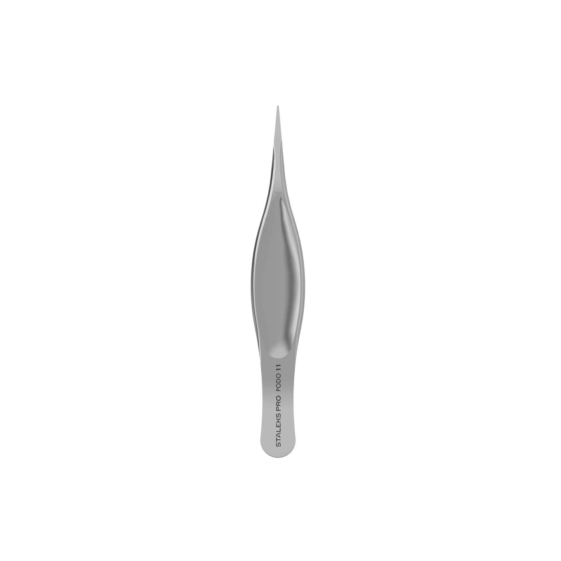 A pair of Staleks PRO Podology Splinter Tweezers Small PODO 11, shown vertically on a black background. "STALEKS PRO PODO 11" is engraved near the handle, showcasing its stainless steel durability.