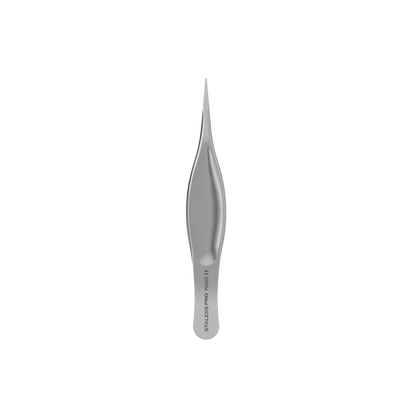 A pair of Staleks PRO Podology Splinter Tweezers Small PODO 11, shown vertically on a black background. "STALEKS PRO PODO 11" is engraved near the handle, showcasing its stainless steel durability.