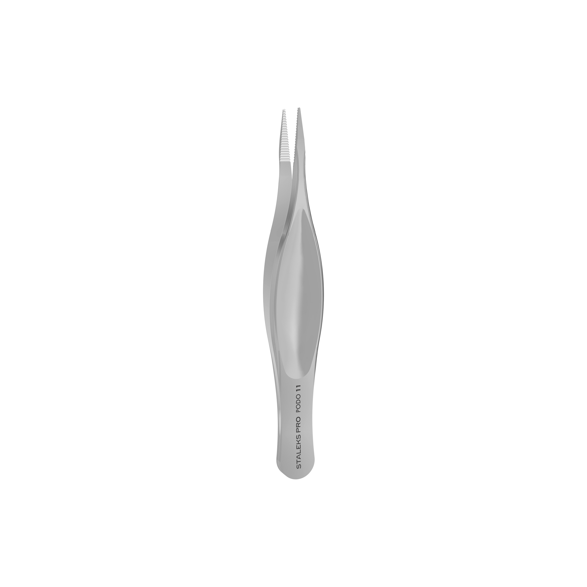 The Staleks STALEKS PRO Podology Splinter Tweezers Small PODO 11, featuring a textured grip and known for corrosion resistance, are displayed from above against a plain background.