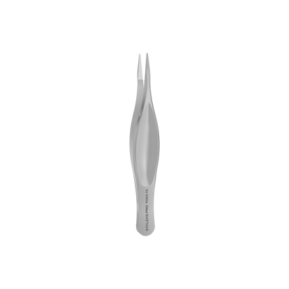 The Staleks STALEKS PRO Podology Splinter Tweezers Small PODO 11, featuring a textured grip and known for corrosion resistance, are displayed from above against a plain background.
