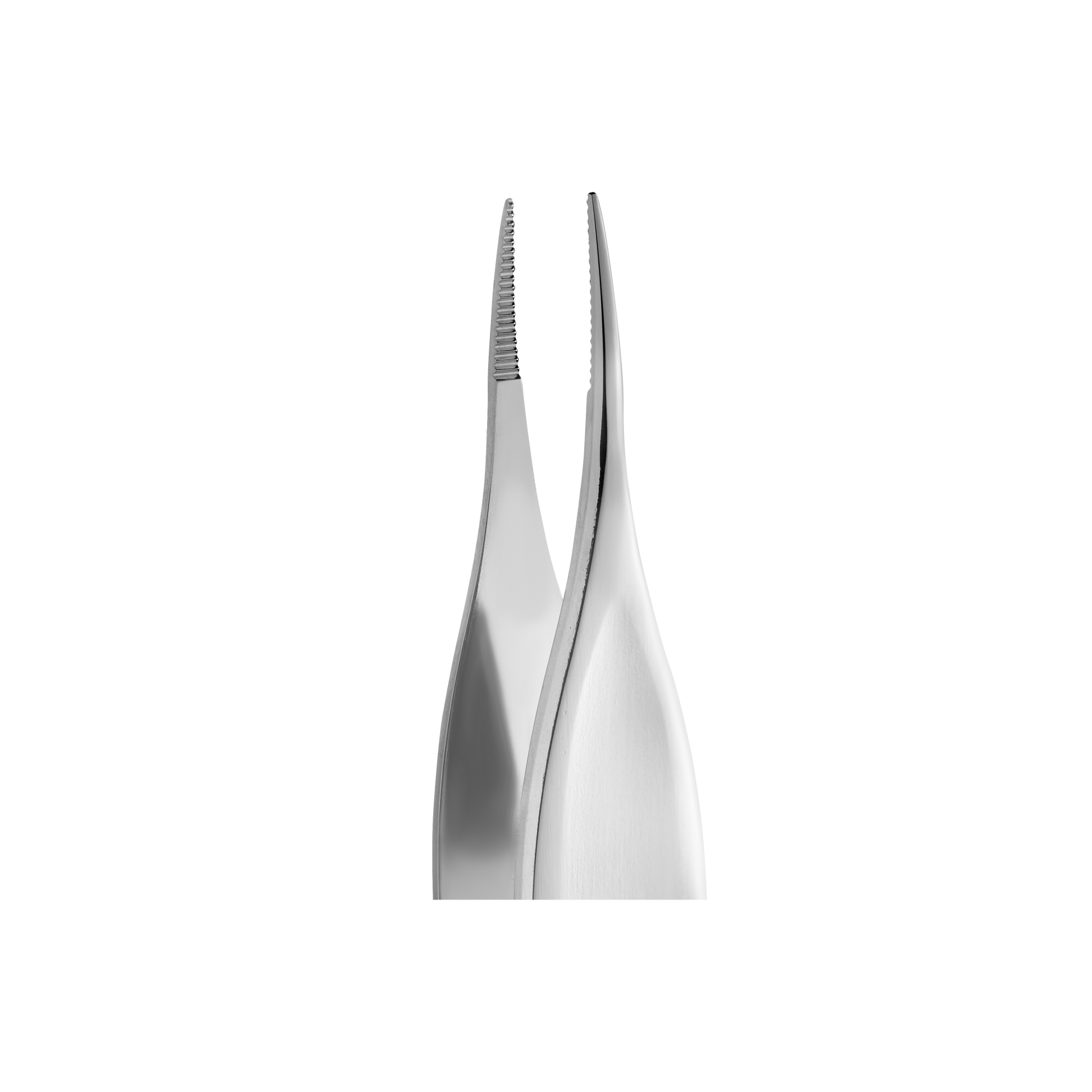 Close-up of two Staleks STALEKS PRO Podology Splinter Tweezers Small PODO 11, one with a smooth tip and one with a serrated tip, both corrosion-resistant, standing upright against a black background.