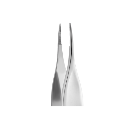 Close-up of two Staleks STALEKS PRO Podology Splinter Tweezers Small PODO 11, one with a smooth tip and one with a serrated tip, both corrosion-resistant, standing upright against a black background.