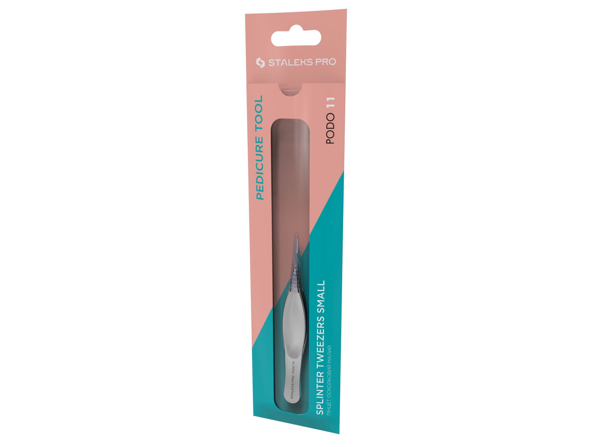 A boxed STALEKS PRO Podology Splinter Tweezers Small PODO 11 by Staleks, for ingrown nail care, is shown in pink and teal packaging with a clear window revealing the corrosion-resistant metal tweezers inside.