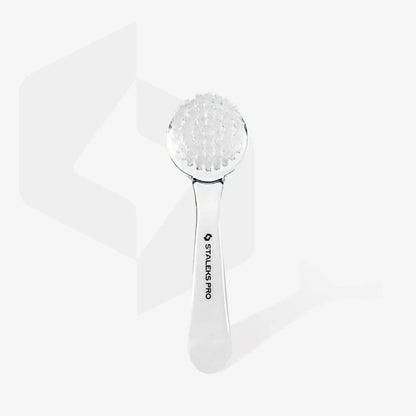 The STALEKS PRO Manicure Brush EXPERT 01 for dust removal, featuring durable synthetic bristles, a clear handle, and protective cover by Staleks, is shown against a plain white background.