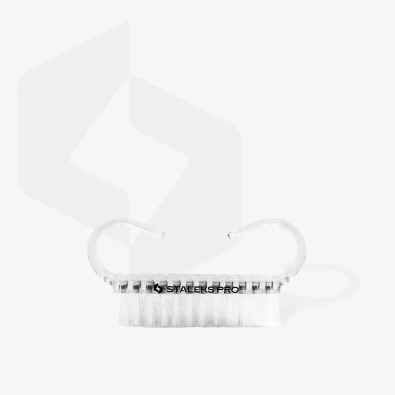 A set of 10 STALEKS PRO Manicure Brush EXPERT 02 for dust removal, each with a clear handle, durable plastic build, white bristles, and "Staleks" branding, displayed on a white background.