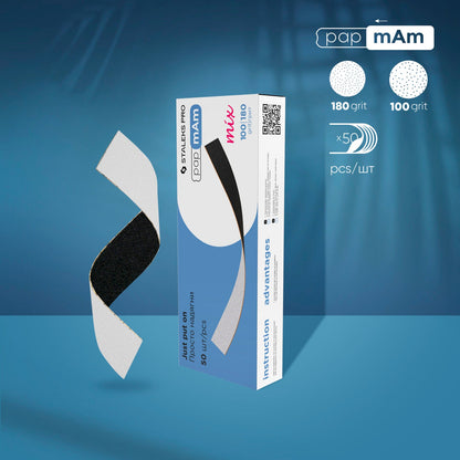 A box of STALEKS PRO Disposable Double-Sided Files PapmAm Mix Expert 22 (50 pcs) by Staleks Oregon stands upright near a single curved file. Icons show 180/100 grit, layered structure, and manicure/pedicure uses on a blue background.
