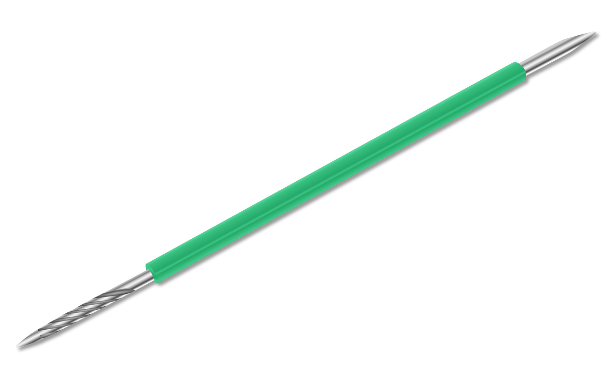 Featuring twisted, pointed tips on both ends and a green central handle, the ISIS CUTELARIA Toothpick Double-End Stick pointed tip Pusher (Palito Bastão Cores) by Isis Cutelaria is a stainless steel cuticle tool shown against a white background.