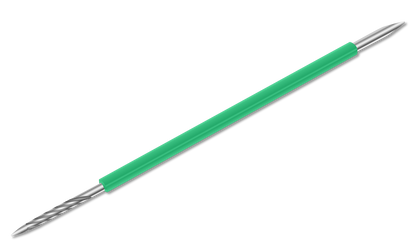 Featuring twisted, pointed tips on both ends and a green central handle, the ISIS CUTELARIA Toothpick Double-End Stick pointed tip Pusher (Palito Bastão Cores) by Isis Cutelaria is a stainless steel cuticle tool shown against a white background.