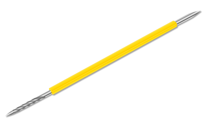 A double-ended metal tool with a yellow handle and pointed, spiral tips on both ends, the Isis Cutelaria Toothpick Double-End Stick Pointed Tip Pusher (Palito Bastao Cores) is ideal for nail care or sculpting.