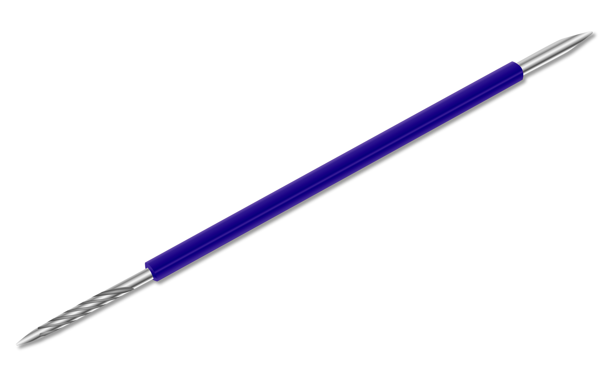 The ISIS CUTELARIA Toothpick Double-End Stick pointed tip Pusher (Palito Bastao Cores) by Isis Cutelaria features a double-ended stainless steel design with a blue handle, including a pointed tip on one end and a spiral, textured tip on the other; shown on a white background—ideal as a manicure spatula or Brazilian Palito Bastão Inox for meticulous nail care.