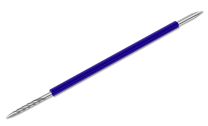 The ISIS CUTELARIA Toothpick Double-End Stick pointed tip Pusher (Palito Bastao Cores) by Isis Cutelaria features a double-ended stainless steel design with a blue handle, including a pointed tip on one end and a spiral, textured tip on the other; shown on a white background—ideal as a manicure spatula or Brazilian Palito Bastão Inox for meticulous nail care.