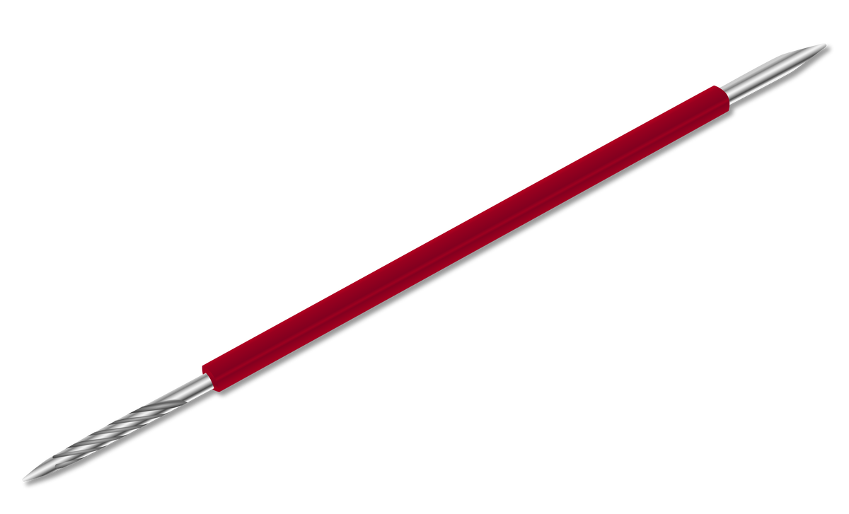 Isis Cutelaria’s Toothpick Double-End Stick (Palito Bastao Cores) is a Brazilian manicure tool with a red handle, crafted from stainless steel. This double-ended cuticle pusher features a pointed tip on one end and a spiral tip on the other, making it ideal for precise nail care. The ISIS CUTELARIA tool is shown isolated against a white background.