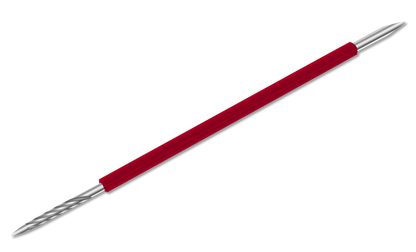 Isis Cutelaria’s Toothpick Double-End Stick (Palito Bastao Cores) is a Brazilian manicure tool with a red handle, crafted from stainless steel. This double-ended cuticle pusher features a pointed tip on one end and a spiral tip on the other, making it ideal for precise nail care. The ISIS CUTELARIA tool is shown isolated against a white background.