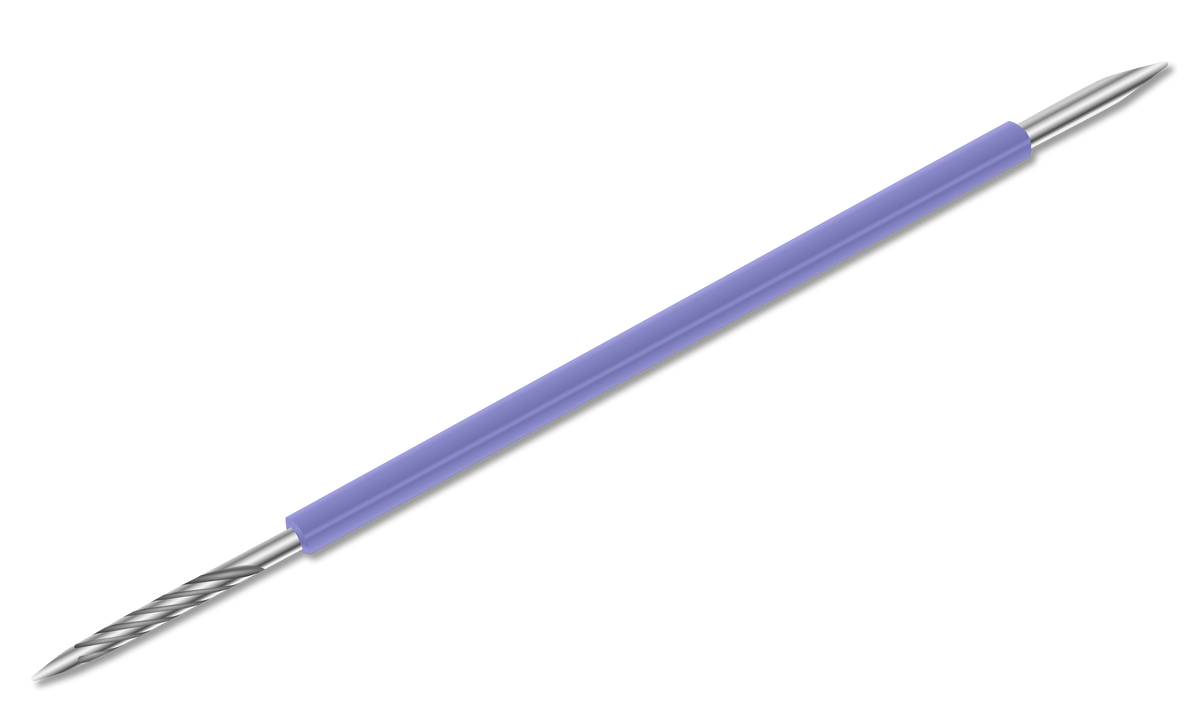 The ISIS CUTELARIA Toothpick Double-End Stick Pointed Tip Pusher (Palito Bastao Cores) by Isis Cutelaria features a purple handle connecting a pointed tip on one end and a textured, spiral tip on the other—perfect for use as a manicure spatula or stainless steel cuticle pusher, inspired by the Brazilian Palito Bastão Inox.