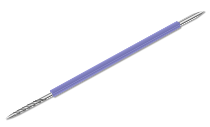 The ISIS CUTELARIA Toothpick Double-End Stick Pointed Tip Pusher (Palito Bastao Cores) by Isis Cutelaria features a purple handle connecting a pointed tip on one end and a textured, spiral tip on the other—perfect for use as a manicure spatula or stainless steel cuticle pusher, inspired by the Brazilian Palito Bastão Inox.