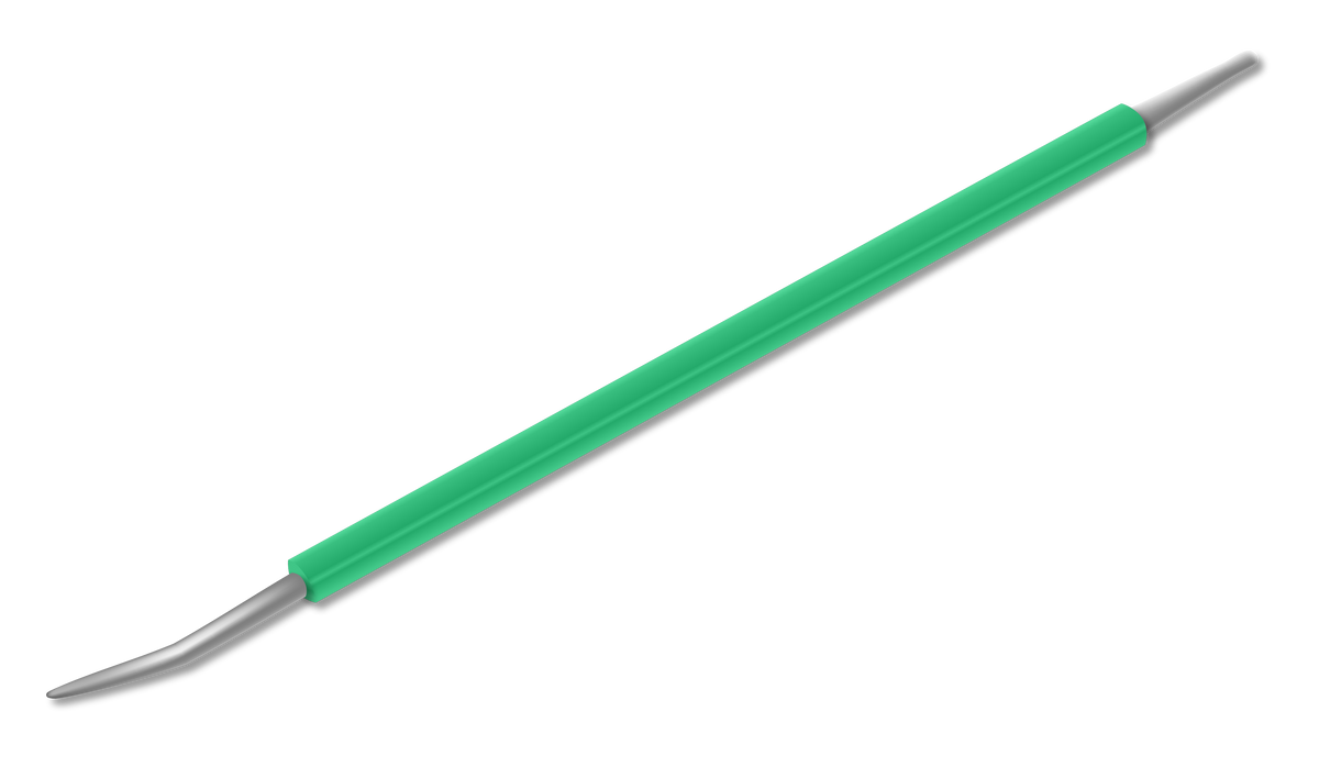 The ISIS CUTELARIA Stainless Steel Precision Pusher for Ingrown Nails (Palito Desencravador Cores) by Isis Cutelaria is a double-ended metal tool with a green handle and angled tips on both sides, designed for dental examinations and procedures; its precise construction also resembles a Brazilian palito, making it ideal for detailed cuticle care.