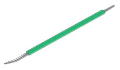 The ISIS CUTELARIA Stainless Steel Precision Pusher for Ingrown Nails (Palito Desencravador Cores) by Isis Cutelaria is a double-ended metal tool with a green handle and angled tips on both sides, designed for dental examinations and procedures; its precise construction also resembles a Brazilian palito, making it ideal for detailed cuticle care.