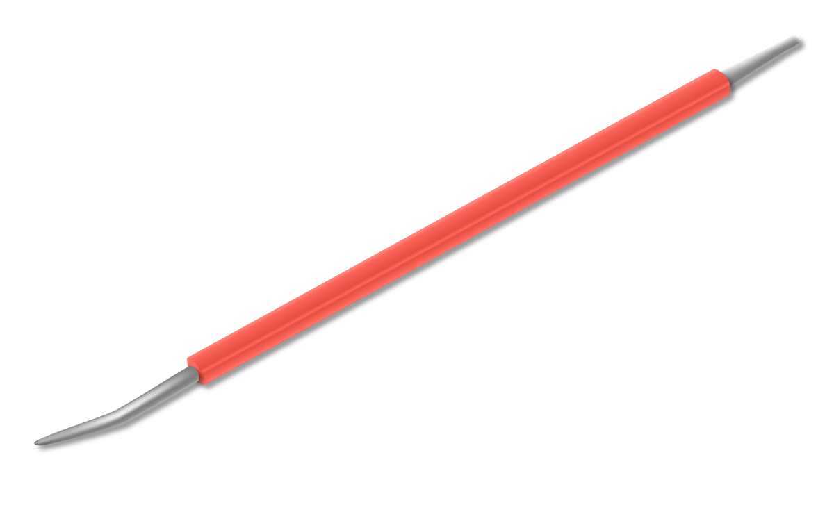 The ISIS CUTELARIA Stainless Steel Precision Pusher for Ingrown Nails (Palito Desencravador Cores) by Isis Cutelaria features a red handle and two metal tips—one straight and one bent at an angle—ideal for ingrown nail treatment or cuticle care, shown isolated on a white background.